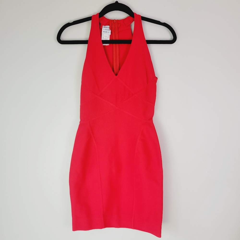 Herve Leger Paris red bandage v neck dress medium